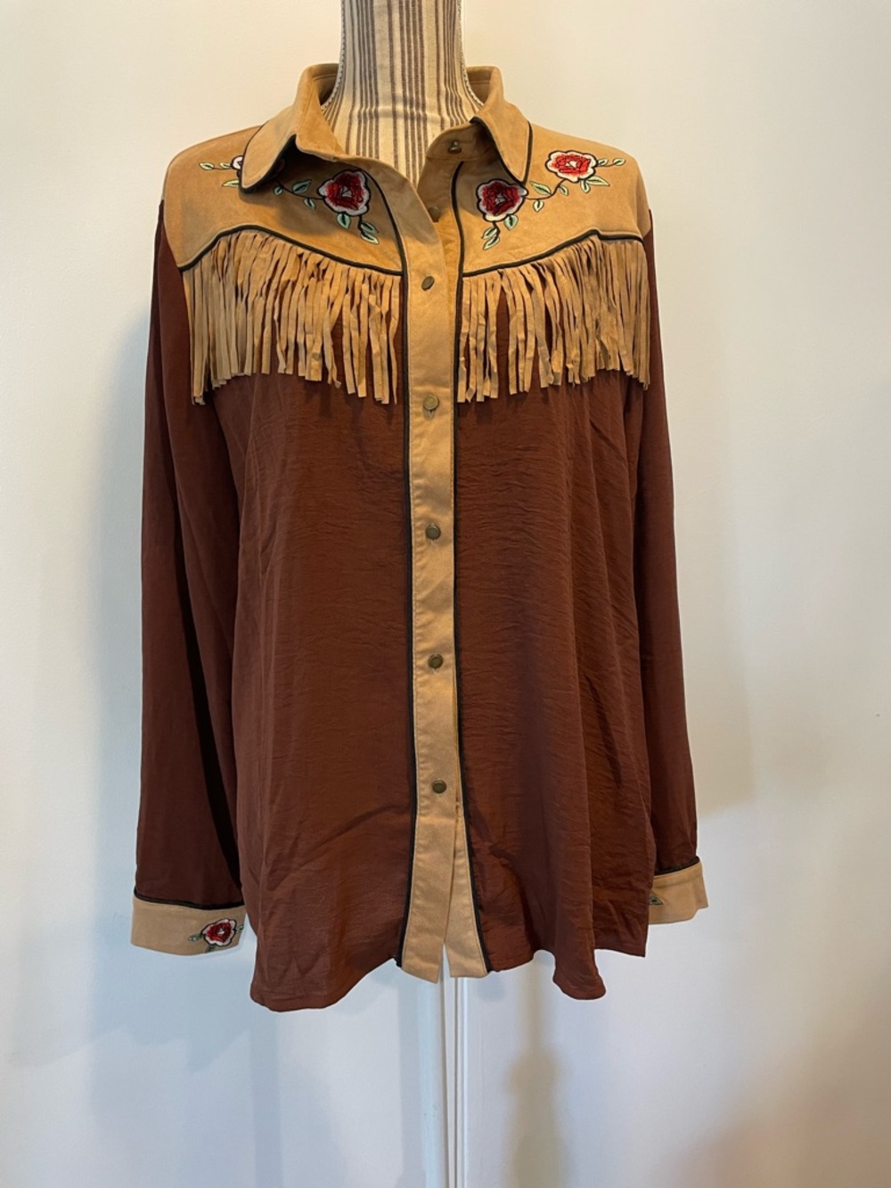 John Moon Women’s Western Long Sleeve Button Down Embroidered Shirt with Fringe